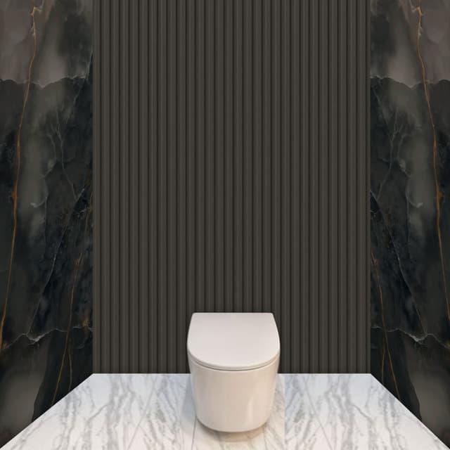 Dark textured WPC wall panels in bathroom