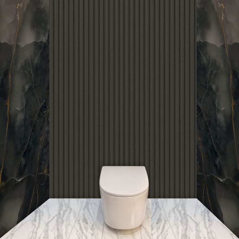 Dark textured WPC wall panels installed in bathroom with marble flooring and toilet