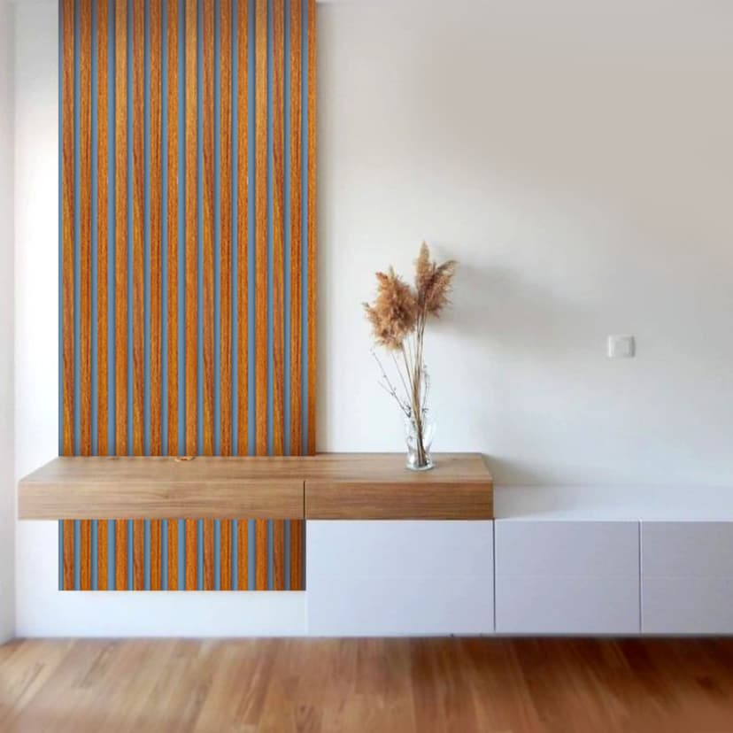Decorative WPC wall panels behind console and floating shelf in living space
