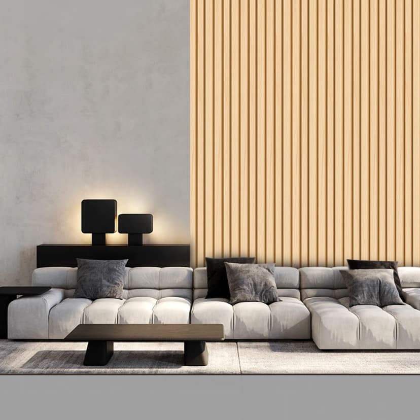 Light beige WPC panels in luxury living room with modern furniture and warm lighting