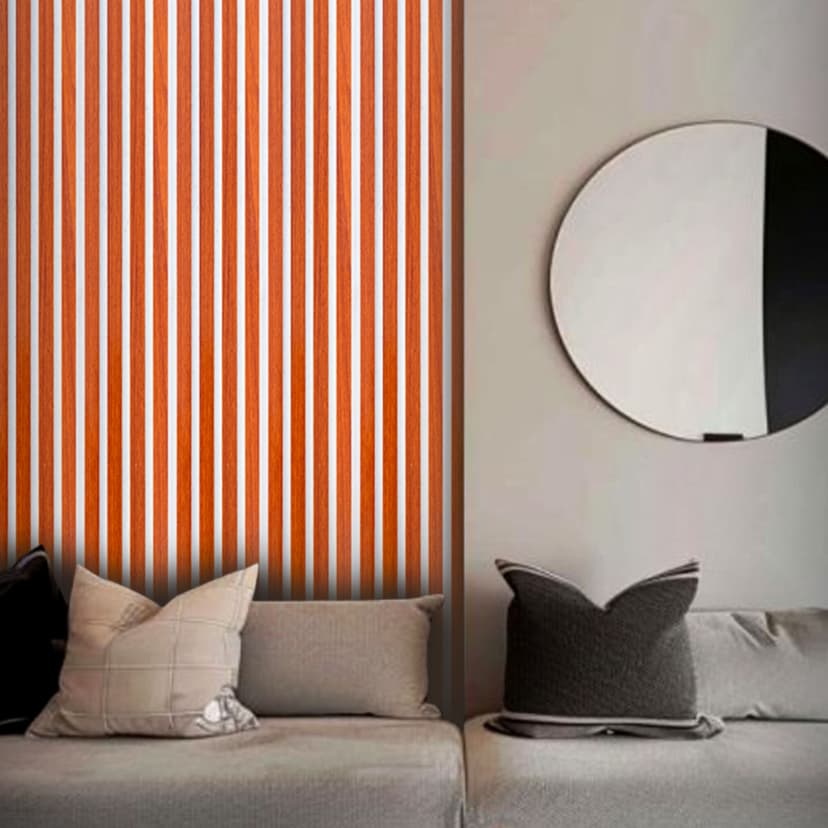 Vertical wood-textured WPC panels behind modern sofa with round mirror